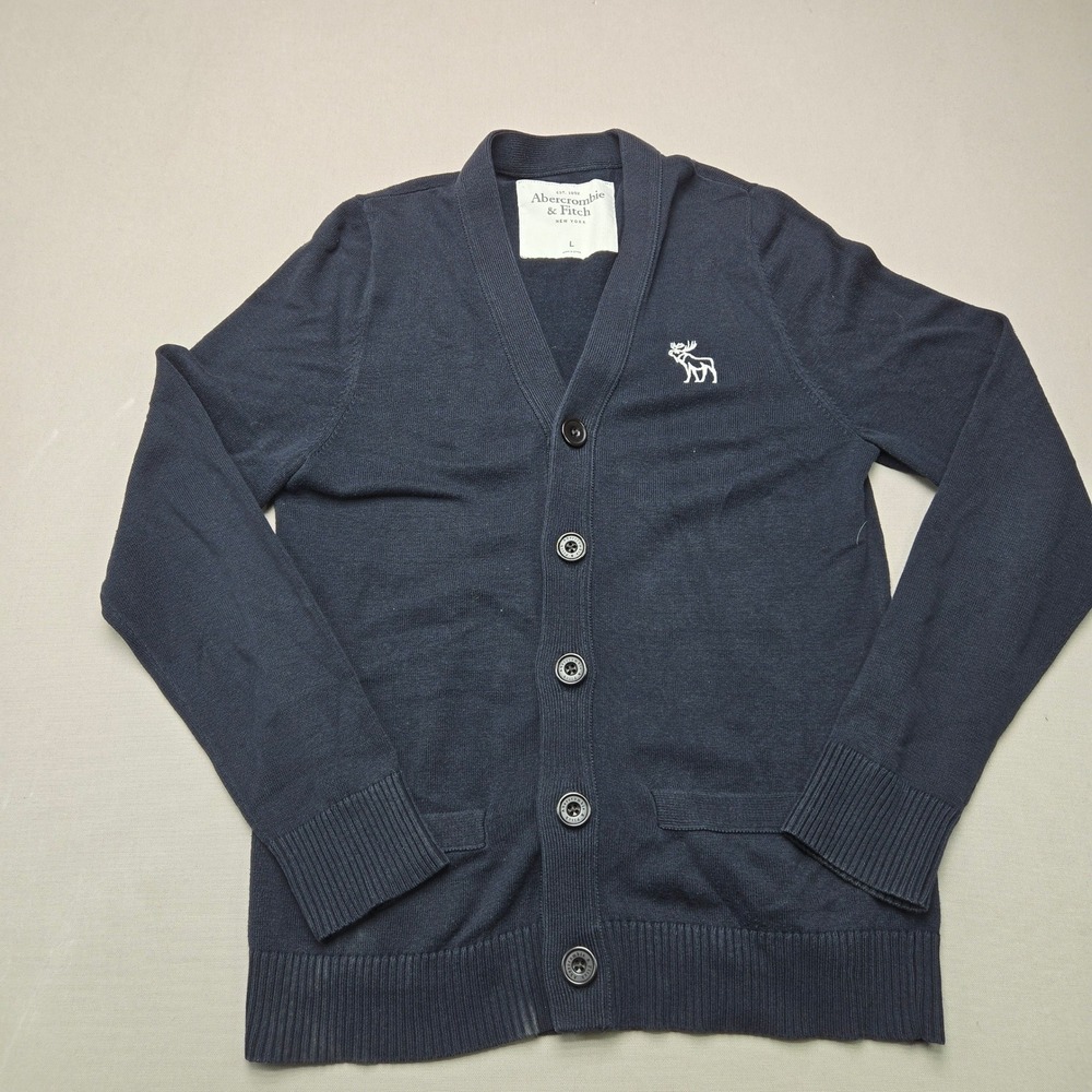 Abercrombie & Fitch Cardigan Sweater Moose Logo Navy Blue Mens L Cotton Knit - Picture 1 of 7